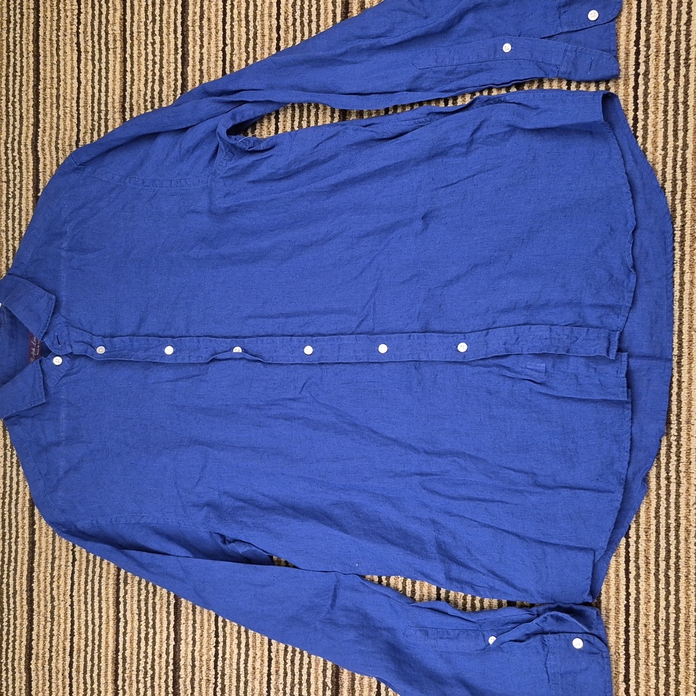 RALPH LAUREN PURPLE LABEL Italy Dark Blue Weave LINEN Sz 17 Mens Dress Shirt - Picture 5 of 6